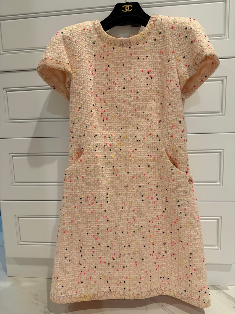 CHANEL Cream-Pink Tweed Kids Dress with Multicolor Dots